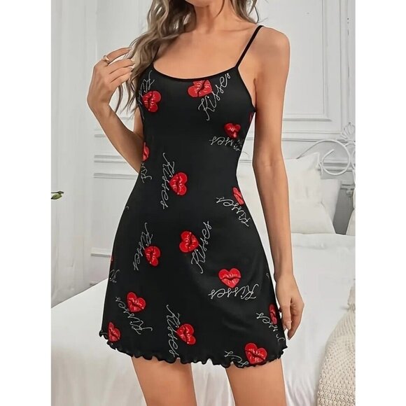 Sexy Sleepwear Dress Pajamas Nightwear Lingerie PJ's Black Hearts Women's - Picture 3 of 5